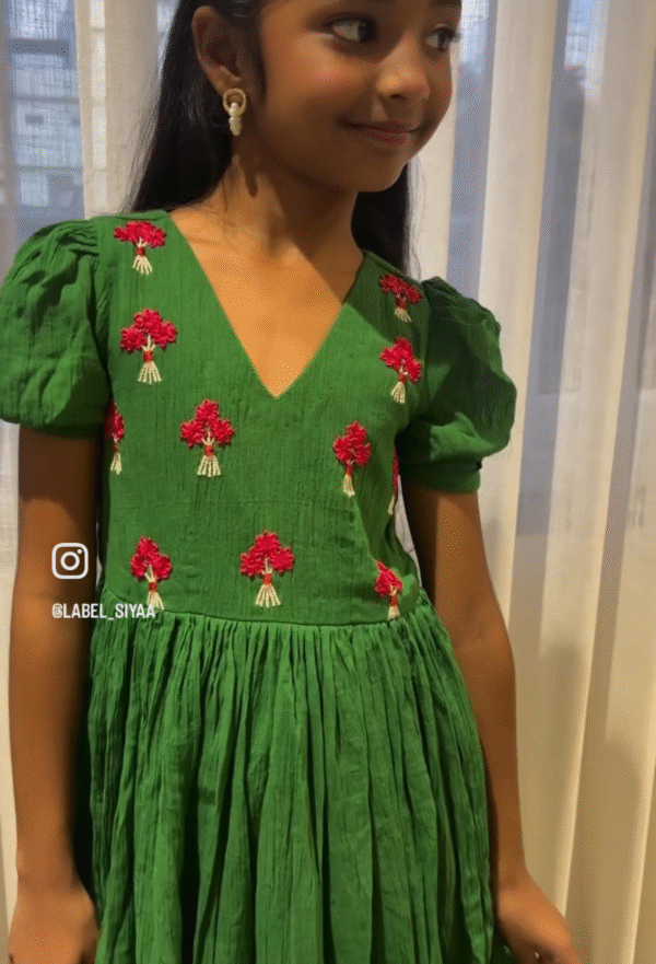 Green crush cotton hand embroidered dress